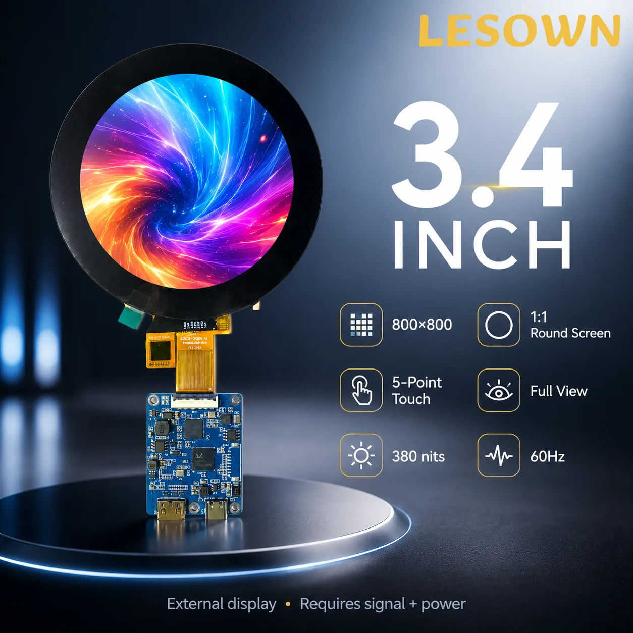 LESOWN 3.4in Touch Display Module 800*800 1:1 Square Screen miniHDTV USB-C 5V Zero Setup Panel for Hardware Monitor