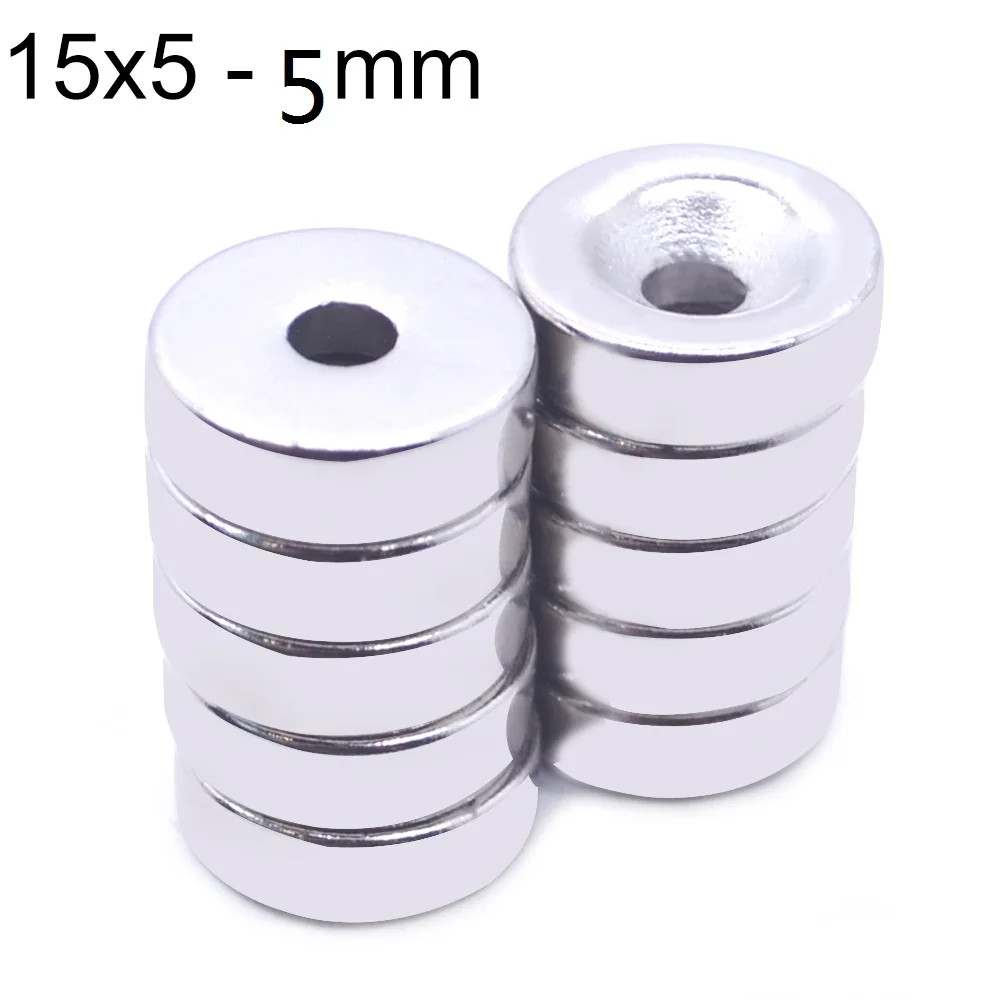 2pcs-1000pcs 15mm x 5mm Strong Magnets 15x5 15mm*5mm Countersunk Ring Hole 5mm Rare Earth Neodymium new  shipping 15*5-5mm imane