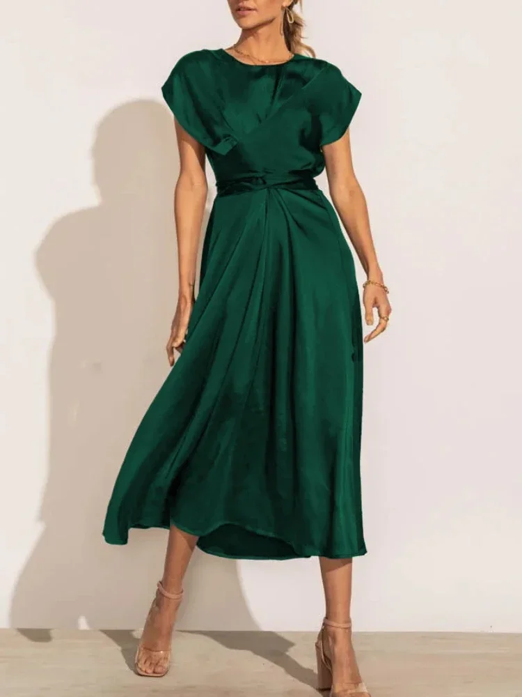 Summer Women\'s Dress Elegant Satin Silk Green Office Ladies Lace-up Midi Dress Chic Evening Party Dresses for Women 2024 New