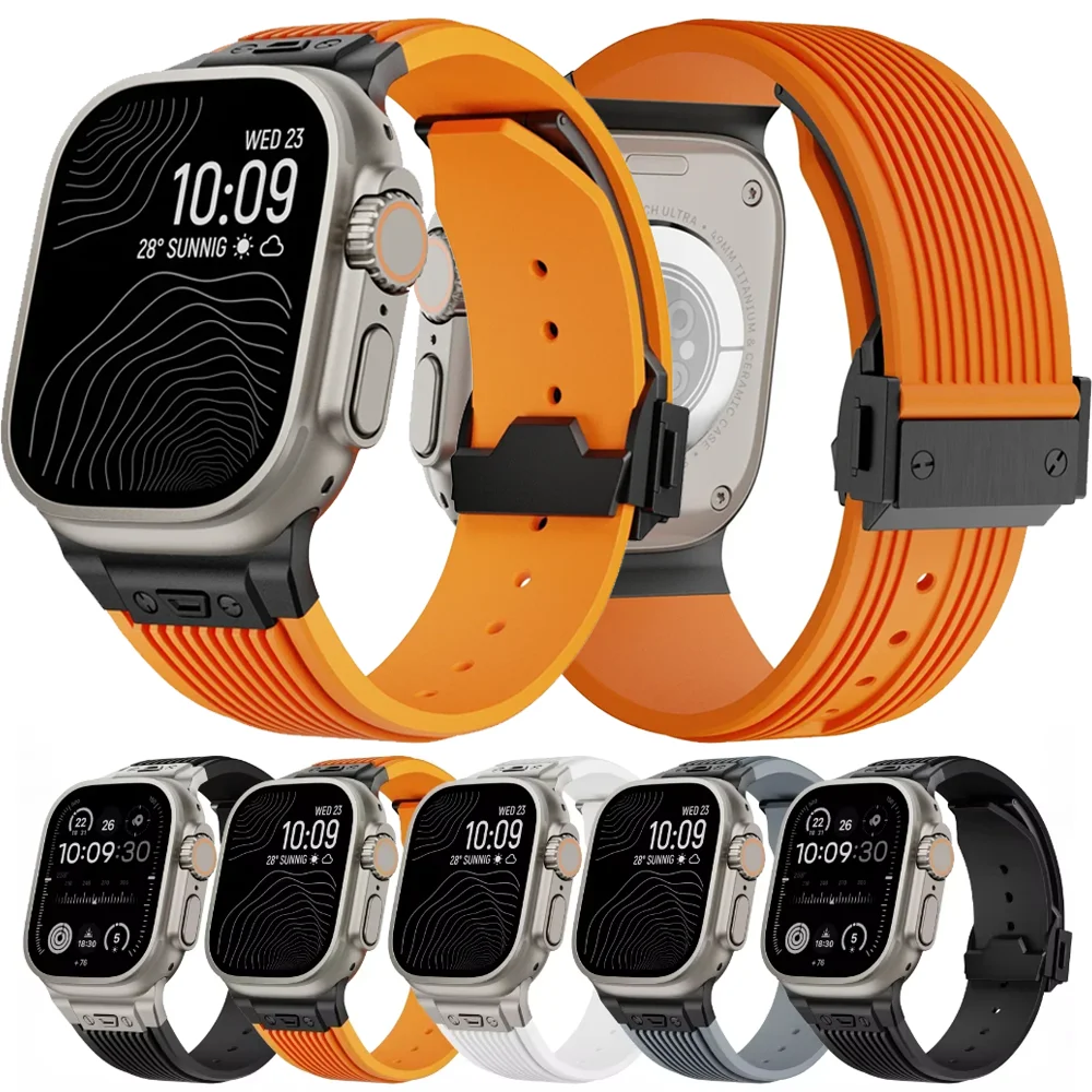 

Liquid Silicone Strap for Apple Watch Ultra 2/3 49mm Metal Buckle Wristband iWatch Series 11 10 46mm 9 8 7 45mm 6 5 SE 44mm Belt