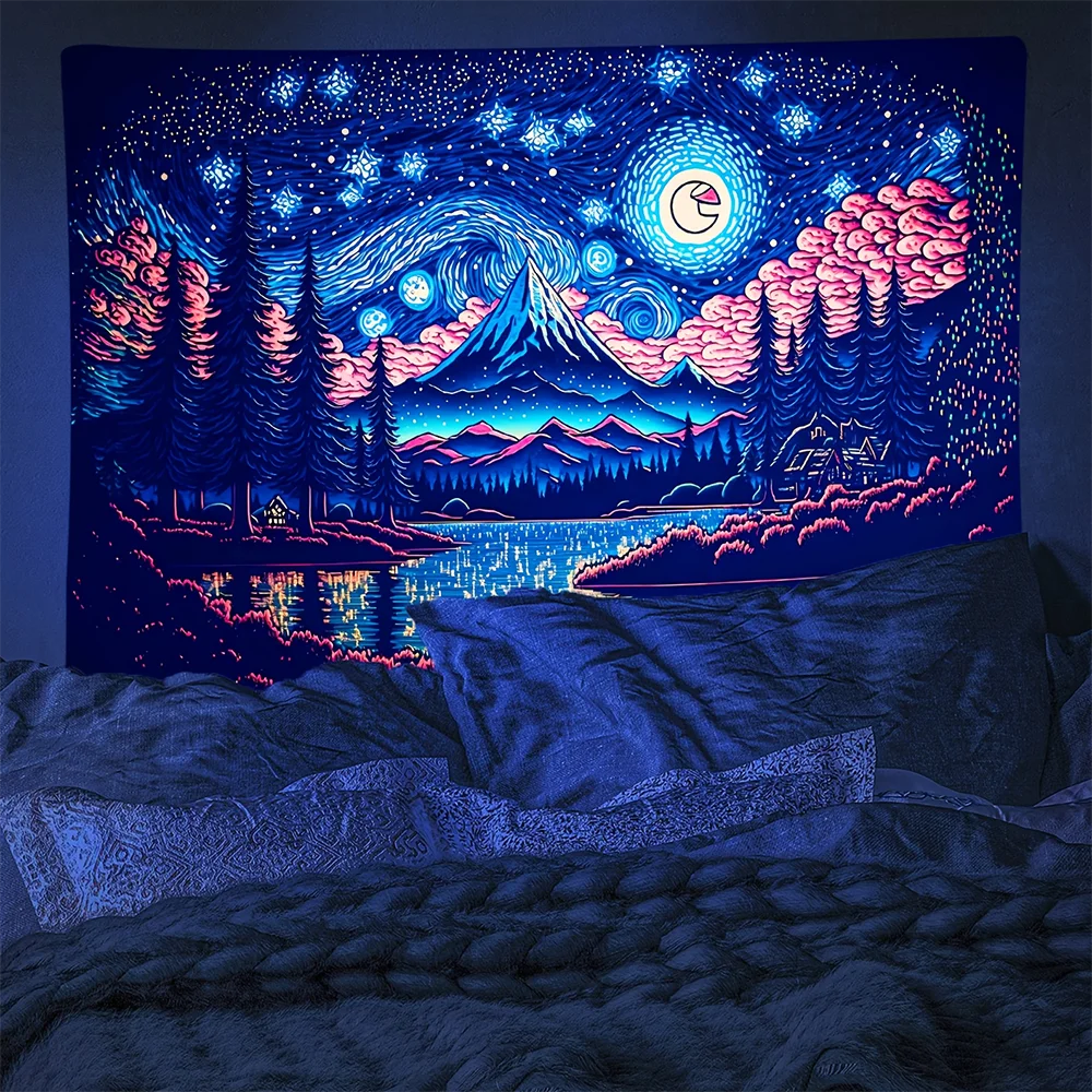 1pc  Neon Starry Night Mountain Lake Tapestry, Blacklight Reactive UV Glow Wall Hanging for Bedroom Living Room Decor
