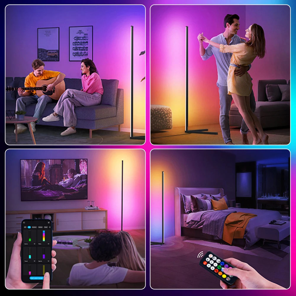 Luz decorativa de Ambiente de piso LED RGB, solo se puede regular y controlar por aplicación Bluetooth para luces de pie de esquina interiores