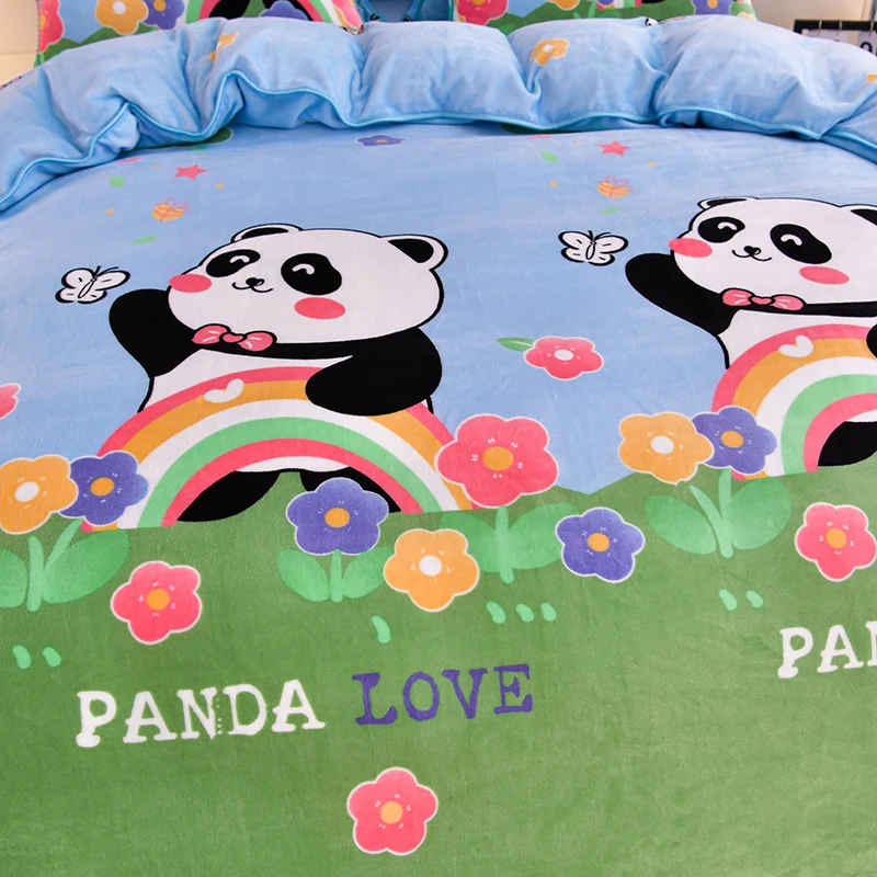 Cartoon Panda Duvet Cover 1 Piece Floral Rainbow Quilt Cover Soft Warm Winter Flannel Comforter Cover Reversible Kawaii Bedding