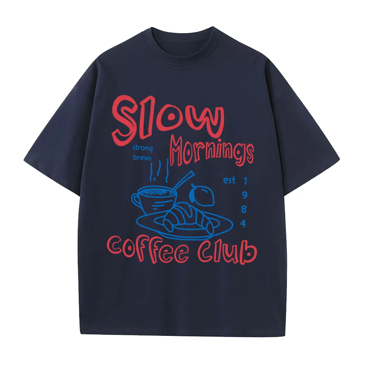 Slow Mornings Graphic T-shirt Man Trendy Coffee Club T-shirts Retro Coffee and Croissant T Shirt Breakfast Club Tees Cotton Tops