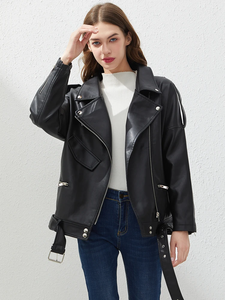 Pu Kunstleder jacke Frauen lose Schärpen lässig Biker jacken Outwear weibliche Tops bf Stil schwarz Lederjacke Mantel