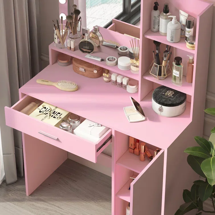 

# Luxury Makeup Table Vanity Dresser With Mirror And Drawers Girls Pink Vanity Table #