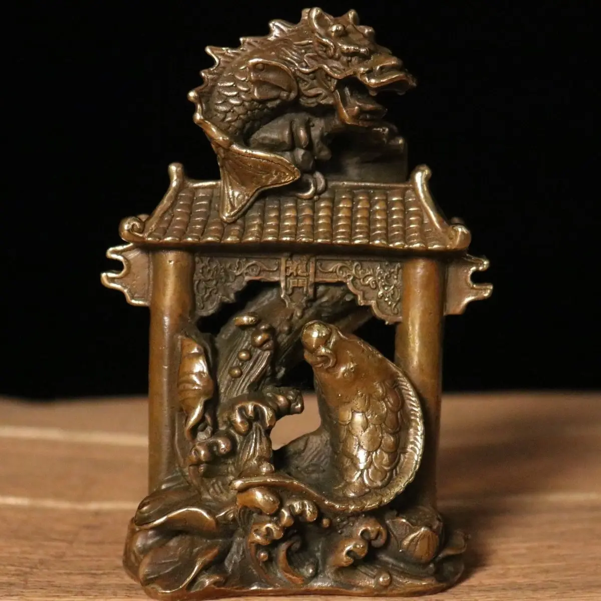 Solid Copper Leaping Carp Ornament, Carp Jumping Over Dragon Gate Auspicious Mascot