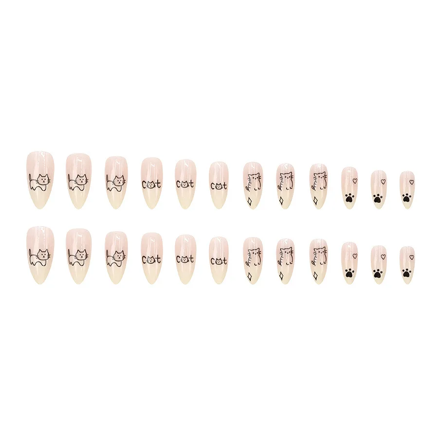 24개 네일 팁 귀여운 고양이 프레스온 아크릴 네일 중간 길이 스티커형 네일 여성용 인조 손톱 도구 포함 네일 세트