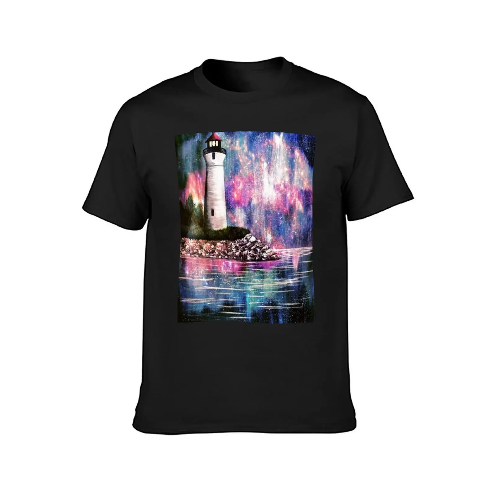 Crisp Point Lighthouse with Galaxy Aurora T-Shirt summer tops graphics hippie clothes t shirts for men cotton