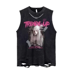 New Summer Cotton Tank Tops Loose Washed Retro Graphic Vest Print Tees Tops Women Streetwear Vintage Harajuku Oversized T