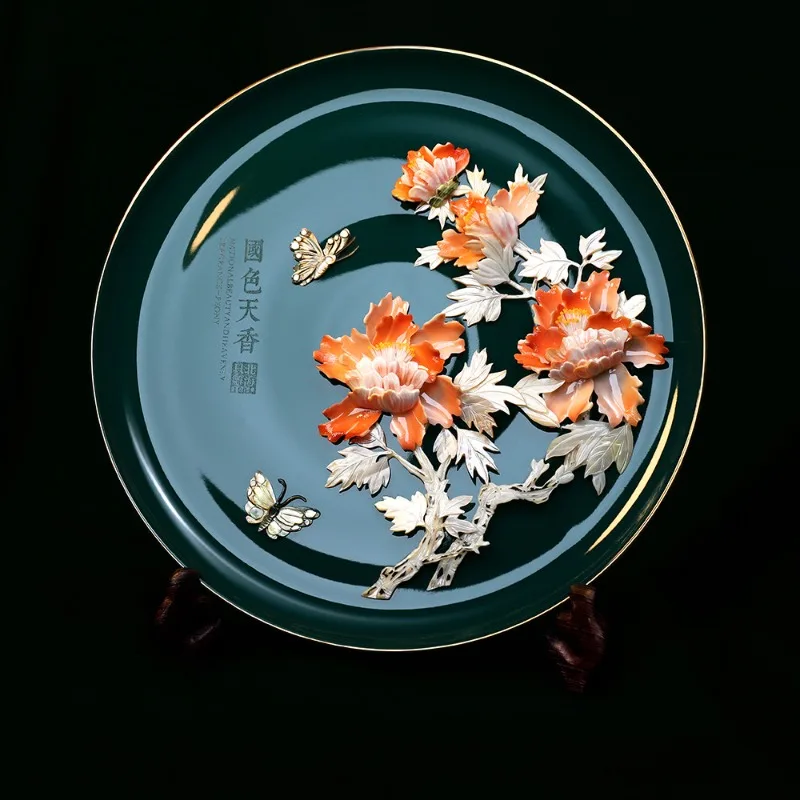 Hand‑crafted Shell Carving Ceramic Plate Ornament New Chinese Style Art Craft for Living Room Study Tabletop Decor Creative