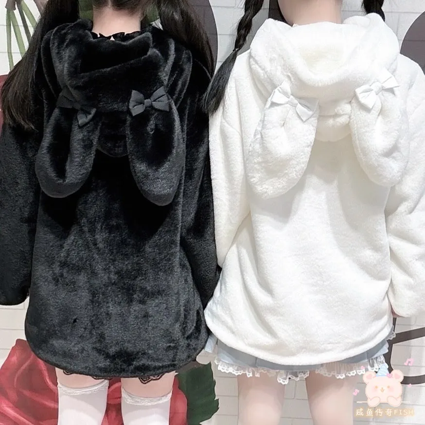 Japanese Mine Style Lolita Kawaii Furry Coat Mass-produced Rabbit Ears Bow Single-breasted Loose Thick Plush Jacket Women Winter