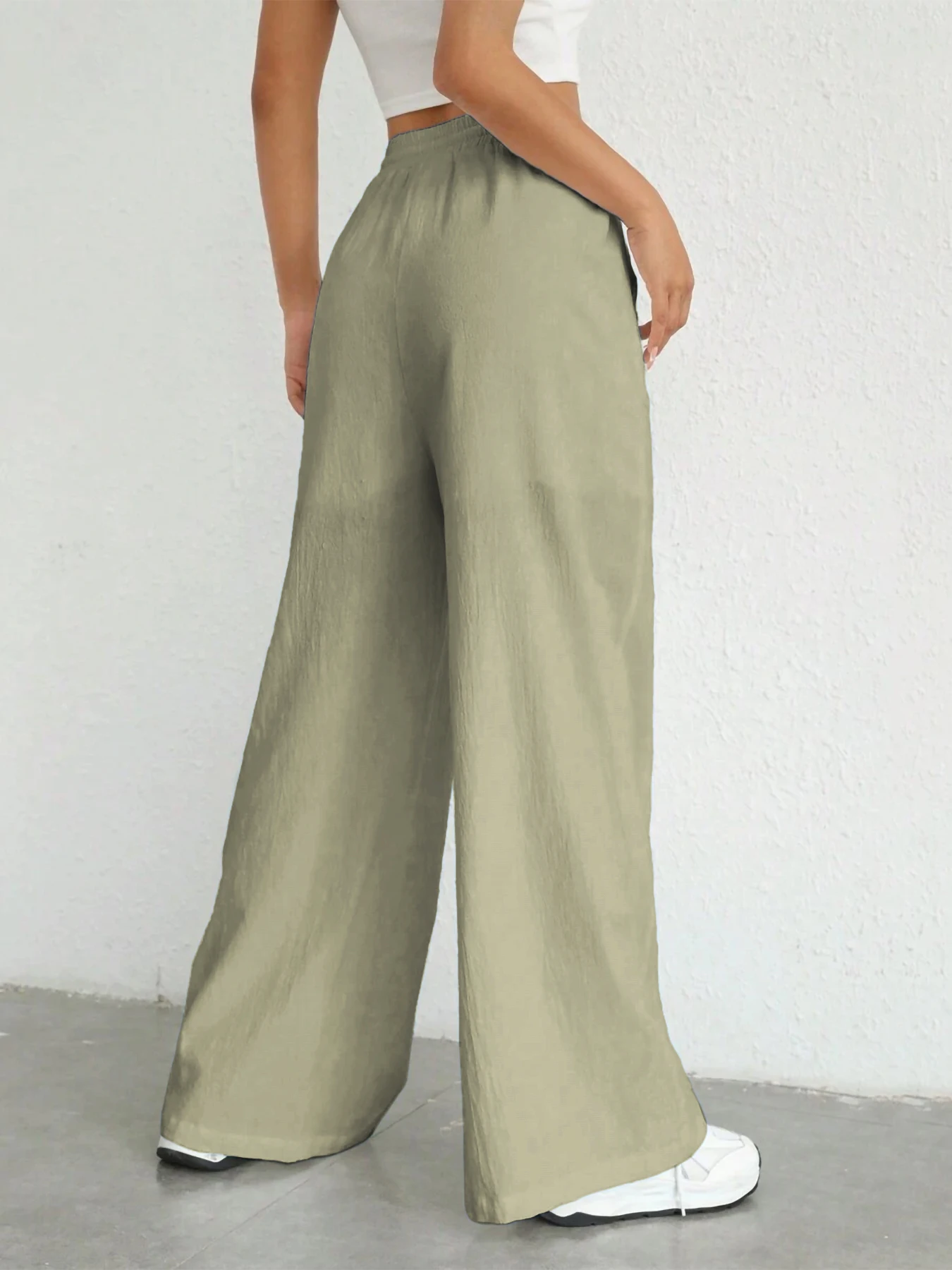 Damen-Hose in Unifarbe, lockere Hose mit weitem Bein, lässige Hose mit Kordelzug, gerade Hose mit Taschen, lässige Hose, lockere Hose mit hoher Taille – Detail 11