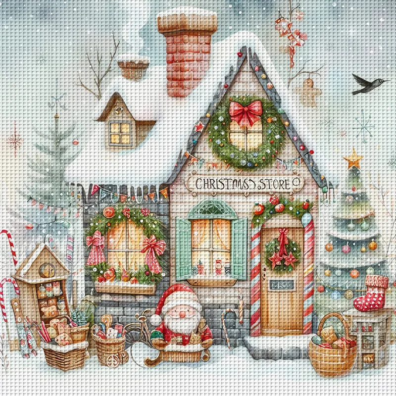 1 Stück 46x46cm/18,1x18,1 Zoll, 11CT Druck-Kreuzstich-DIY-Set, Shop mit Kränzen & Geschenken, Entspannendes Kreuzstich-Set für Erwachsene Anfänger