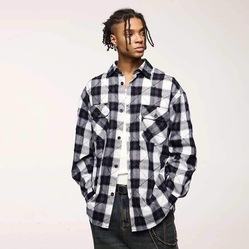 New men's casual plaid shirt long-sleeved chest double pocket design fashion buttons men's streetwear