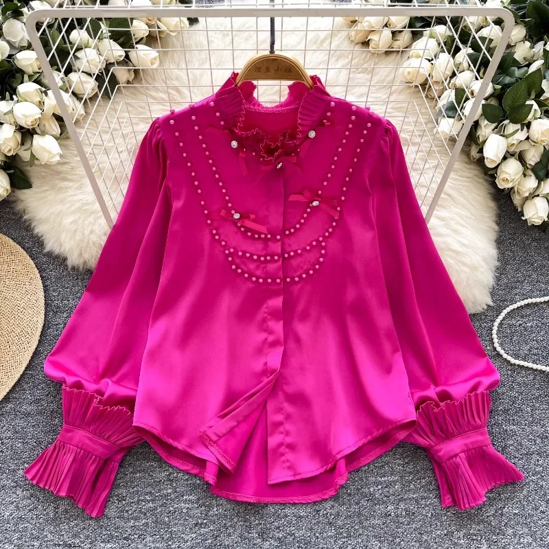 2025 Spring New Vintage French Women Clothing Blusas Mujer Beading High Grade Blouses O Neck Pleated Bowknot Chic Satin Shirts