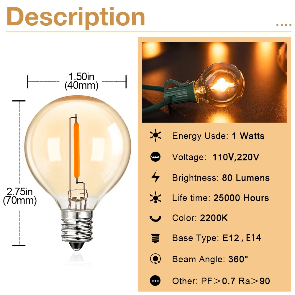 Vintage Globe LED Edison Light Bulbs G40 1W 220V 110V Amber Glass Light Lamps E12 Base Warm White 2200K Living Room Lighting