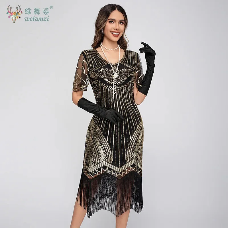 

2025 Latest Style Pattern Retro Tassel Evening Dress Handmade Glitter Bead Embroidered Short Sleeve Gatsby Ball Evening Dress