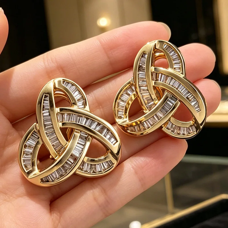 2026 New Geometric Triangular Knot Earrings Gold Set Ladder Square Zircon Light Luxury Versatile Charm Jewelry Accessories