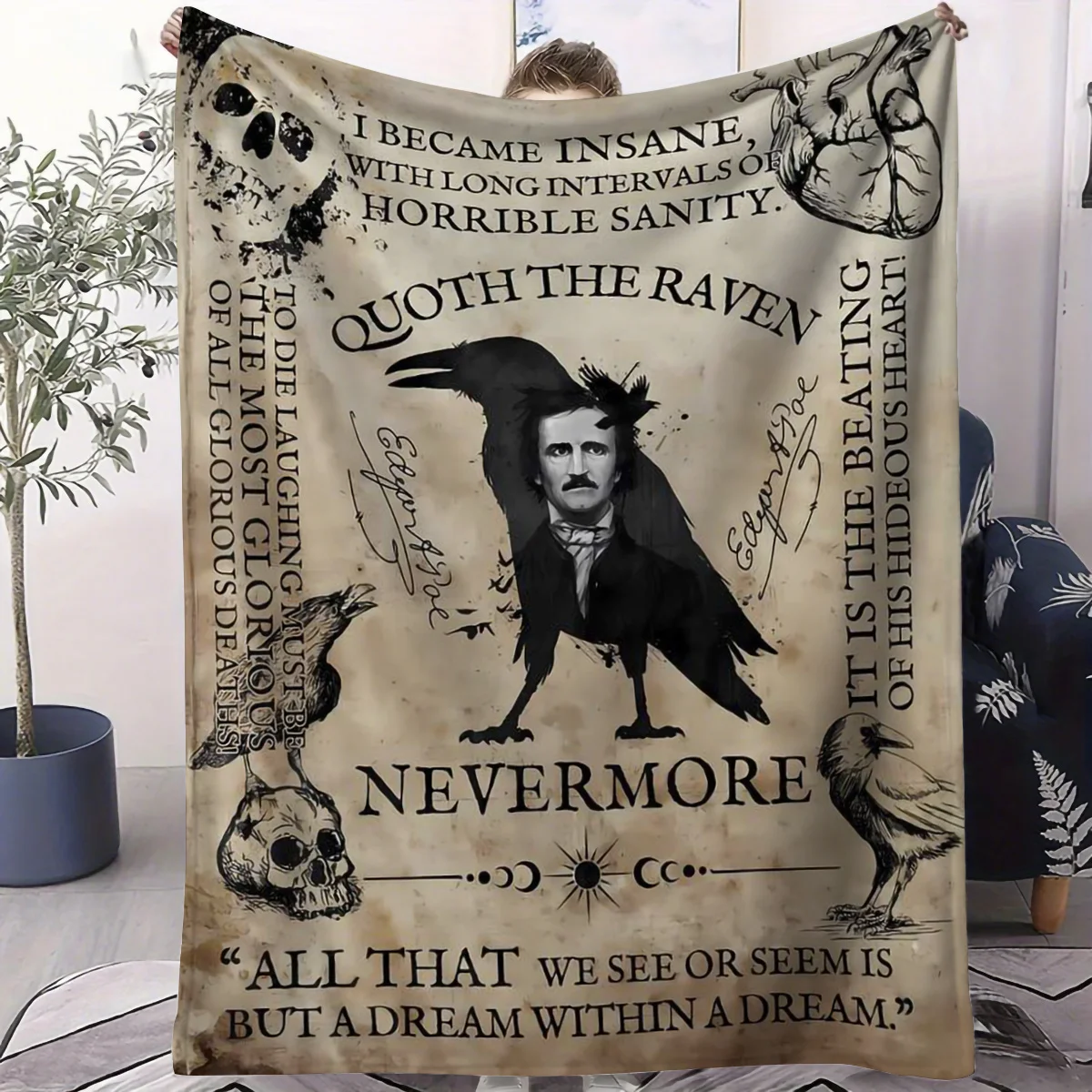 Gothic Edgar Allan Poe Raven Skull Print Throw Blanket, Soft Cozy Blanket for Sofa Bed, Versatile Book Lover Gift