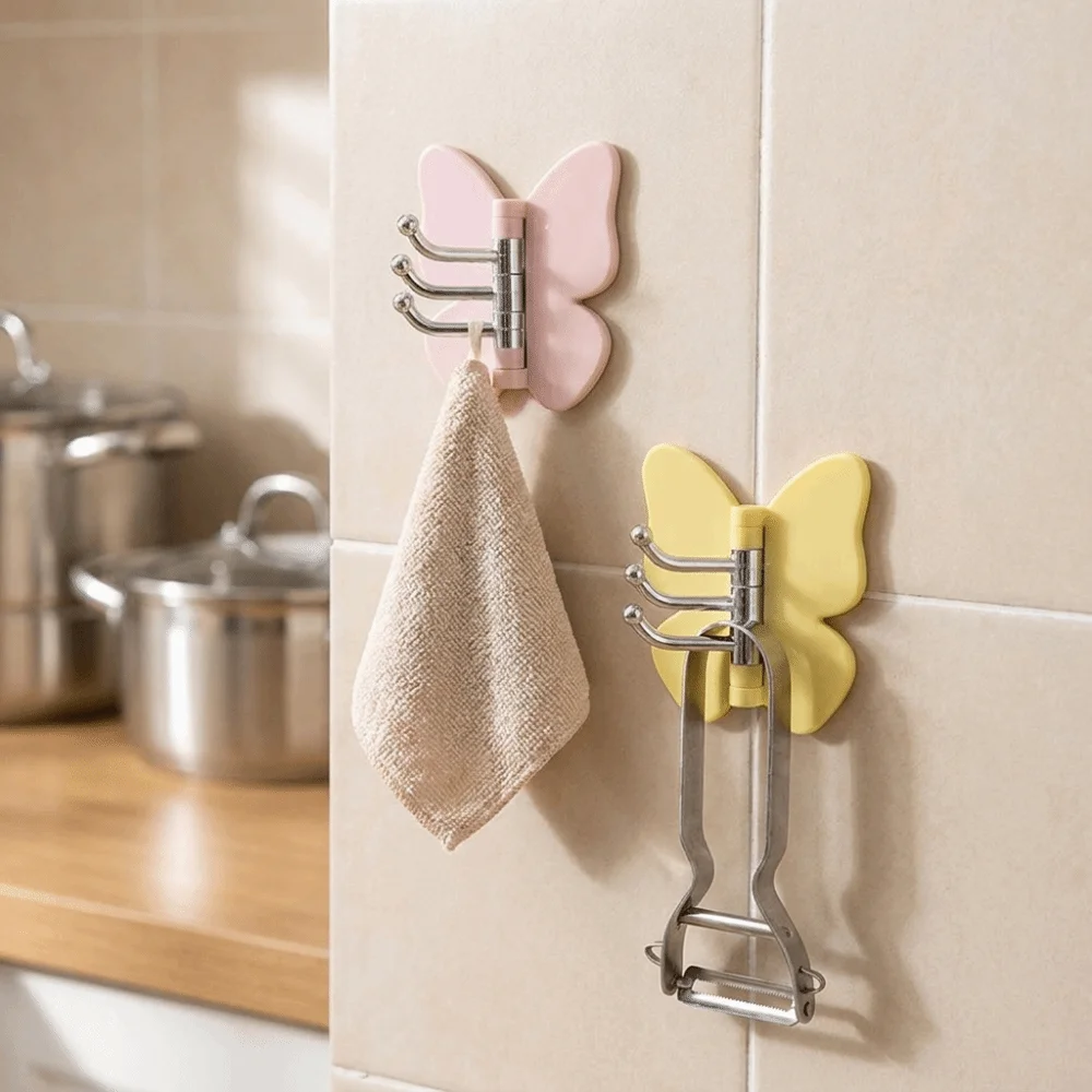4PCS Plastic Rotating Butterfly Wall Hooks Self Adhesive Decorative Butterfly Triple Hook Wall Mounted Space Saving Corner Hooks