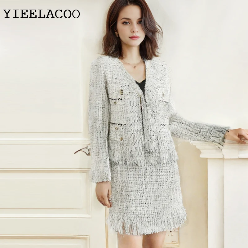 

Women's Suit Autumn / Winter Long-Sleeved Tassel Ladies Tweed jacket + Skirt Suit fashion Professional 2-Piece Set