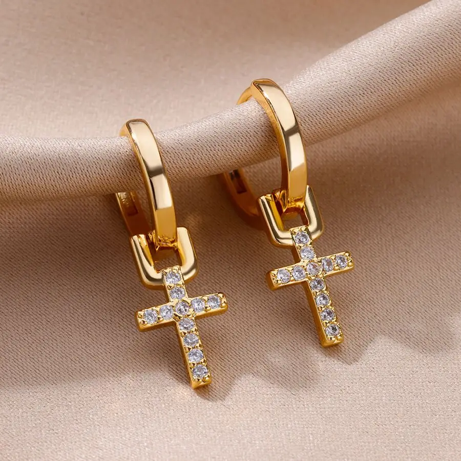 Boucles d\'oreilles croix en acier inoxydable pour femmes, bijoux piercing tendance, cadeau de Noël, nouveau document doré, 2023