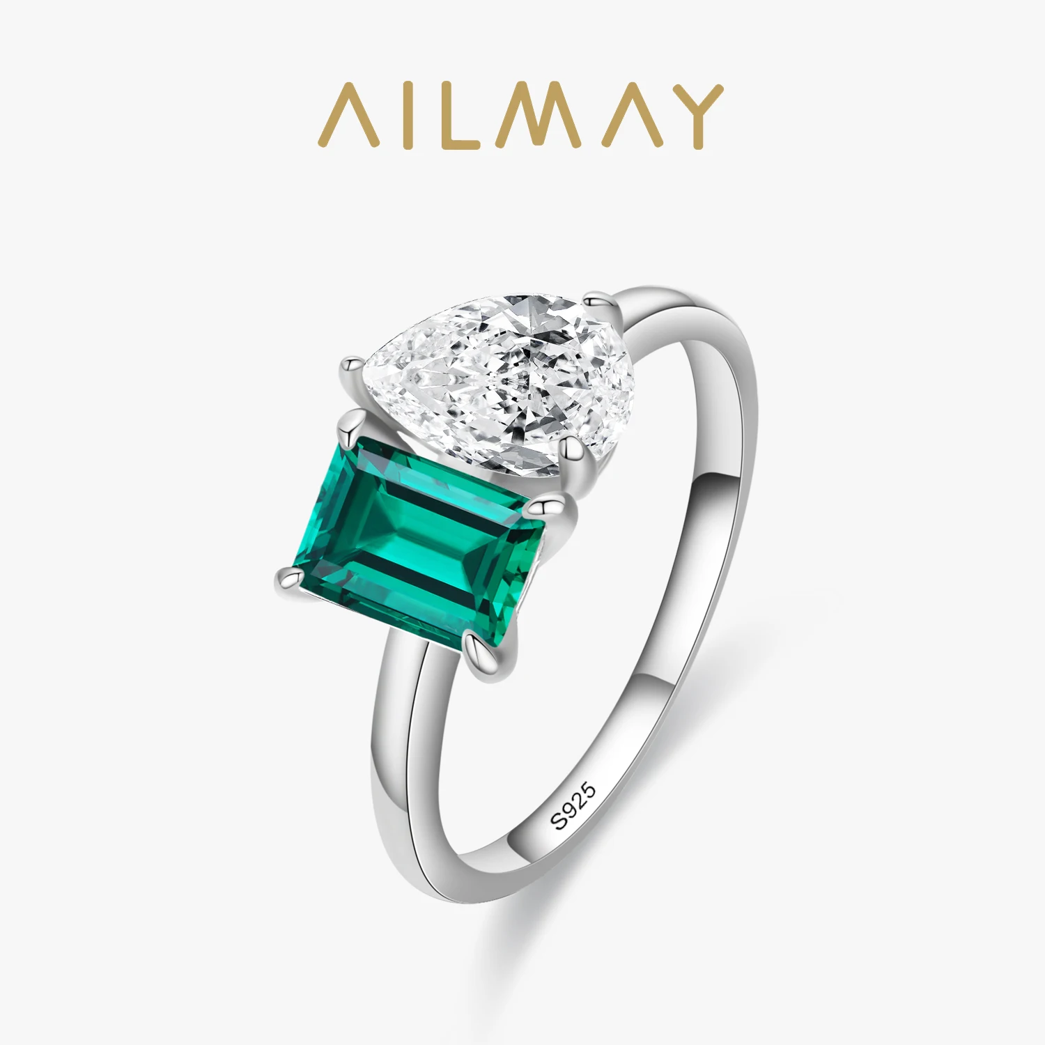 Ailmay 925 Sterling Silver Trendy Olśniewający Zielony Prostokątny Cyrkonia Kropla Wody Pierścionki Dla Kobiet Luksusowa Biżuteria Ślubna