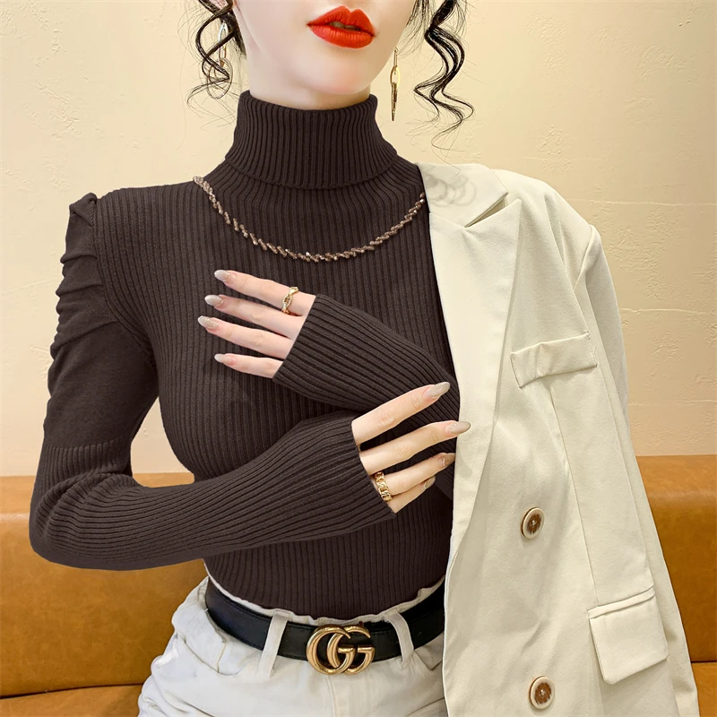 Black,Korean,Style,Fall,Winter,Knitted,Turtleneck,Sweater,Women,Sexy,Fashion,Shiny,Beading,Puff Sleeve,Pleated,Tops,New,51506