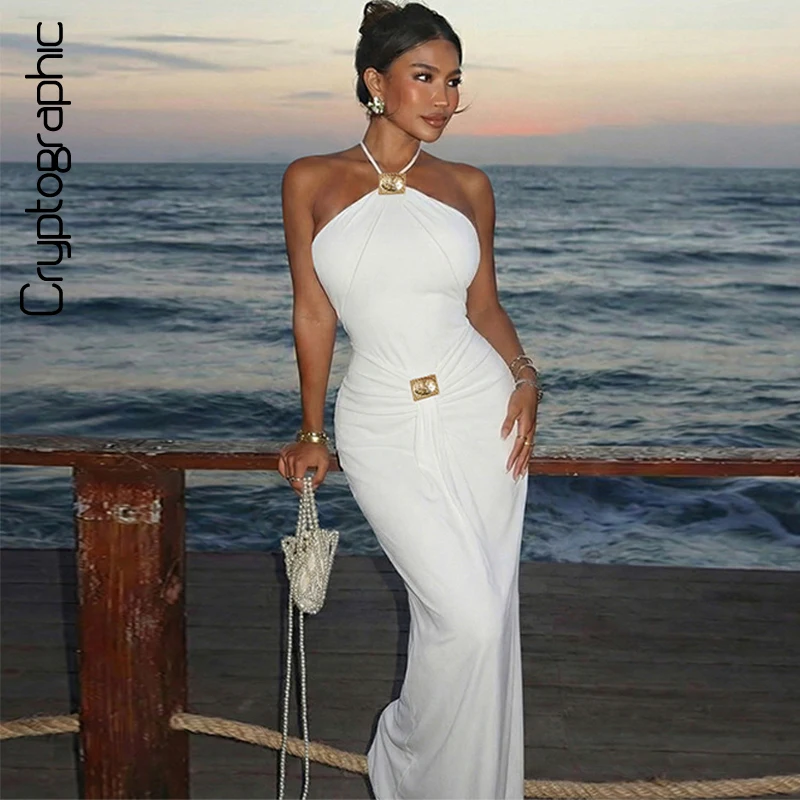 

Halter Ruched Backless Women's Casual Dresses Bodycon Elegant Solid Soft Summer Birthday Party Long Dresses