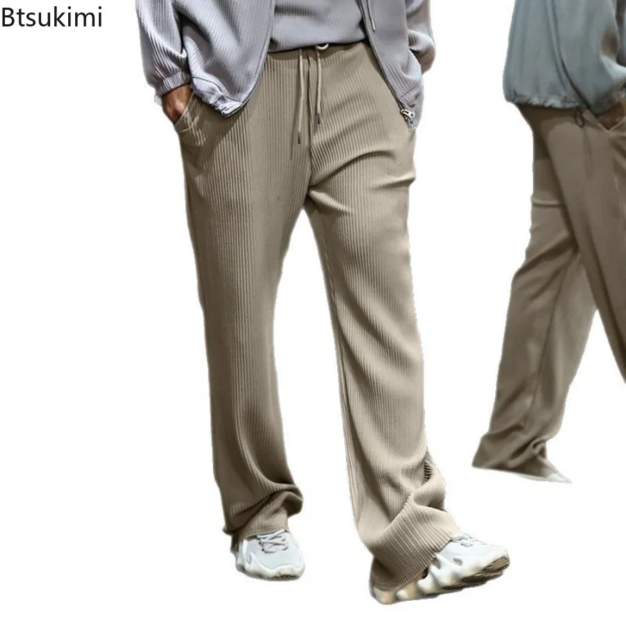 

Spring Autumn New Men's Casual Loose Straight Pants Fashion Solid Jacquard Striped High Waist Wide Leg Trousers Male Streetwear
