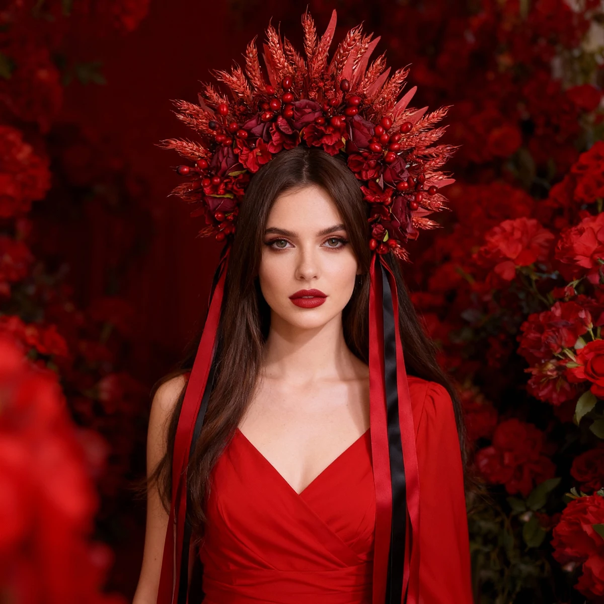 Diadema con orejas de trigo y flores artificiales rojas hechas a mano con borla de seda larga, accesorio festivo para mujer