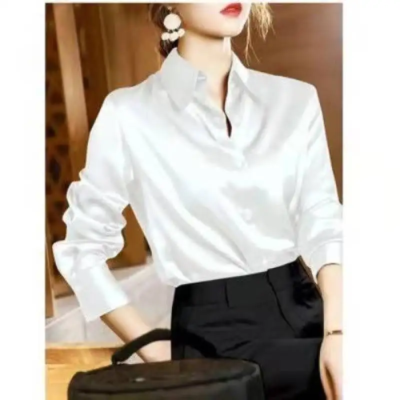 Camisa de satén de crepé de seda de imitación de gama alta para mujer, camisa de manga larga, temperamento, viaje, Top de seda brillante, moda de