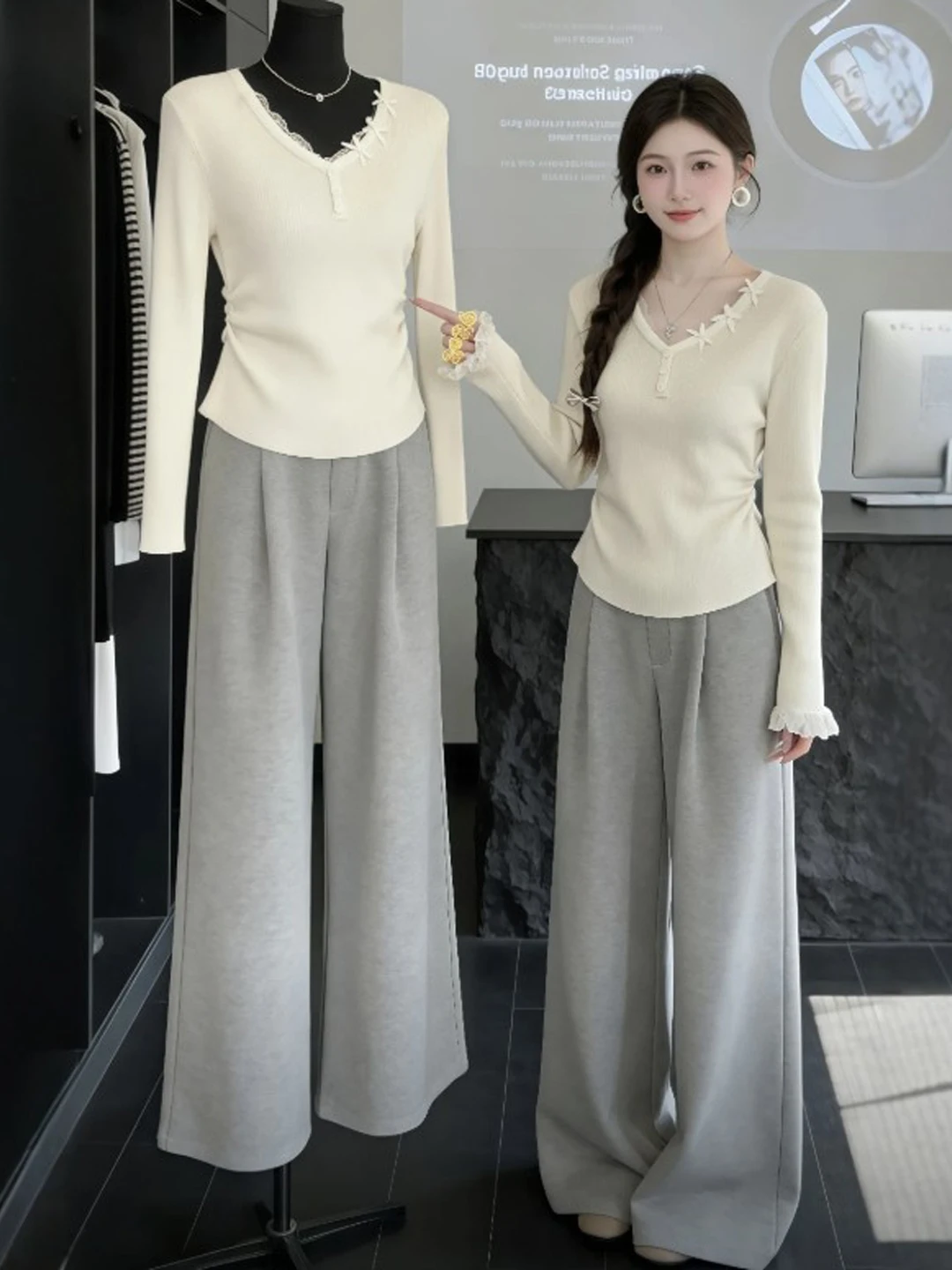 

Slimming V-Ne Knitwear Faionable Sli Spring 2026 Women's Long Sve Knot Lace Detail Soft Knitted Top