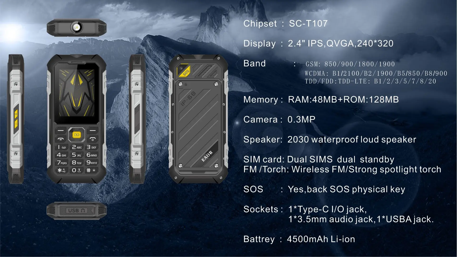 EAOR 4G Feature Keypad Phone Waterproof Rugged 4500mAh Power Bank High Brightness Torch Volume Side Key SOS One Click Dialing