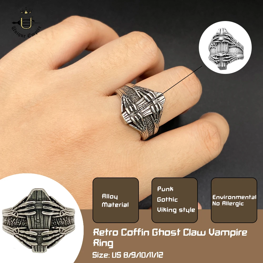 Gothic Vampire Ring Adjustable Coffin Claw Spooky Skull Punk Biker Jewelry for Men Women Halloween Gift