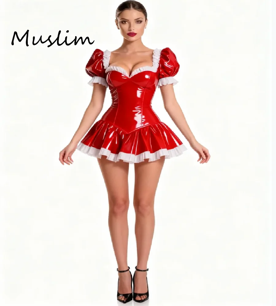 Shiny Red Mini Pvc Evening Dress 2026 Short Sleeve Cosplay Prom Dress Vampire Costume Cocktail Dress Formal Birthday Party Gowns