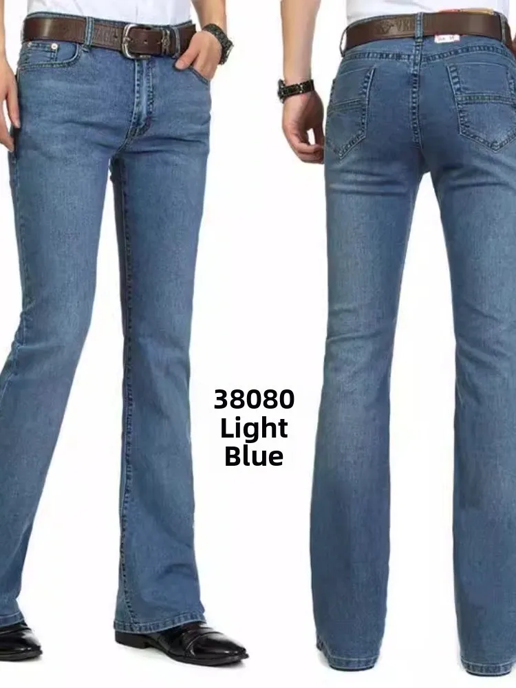 

Мужские джинсы Slim Fit на весну-осень с высокой талией, эластичные, слегка расклешенные, длинные брюки в корейском стиле, повседневные прямые брюки