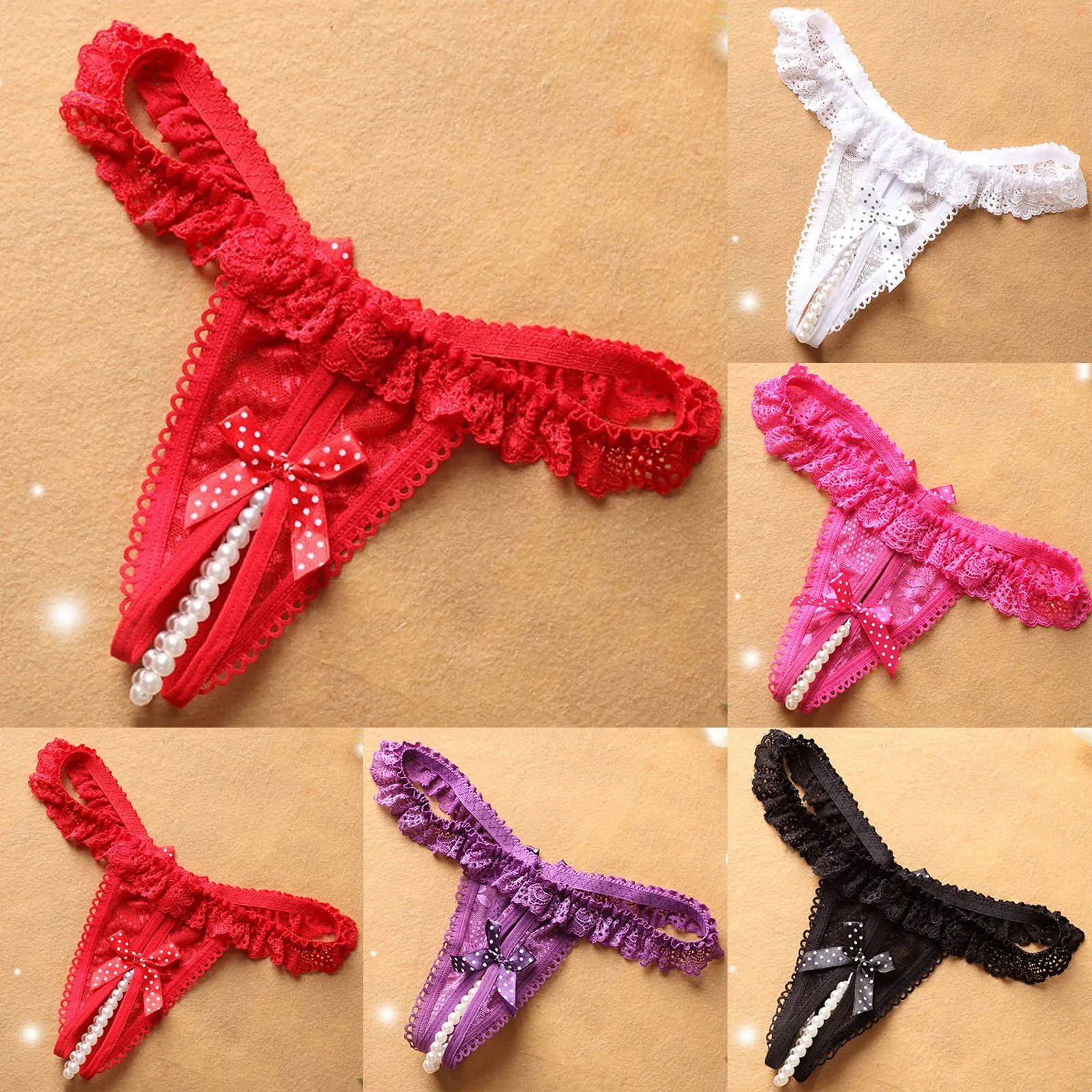 Sexy Open Crotch Lace Panties Womens Pearl Thongs Seamless Solid Color Transparent Briefs Underwear Elastic G-String Intimates