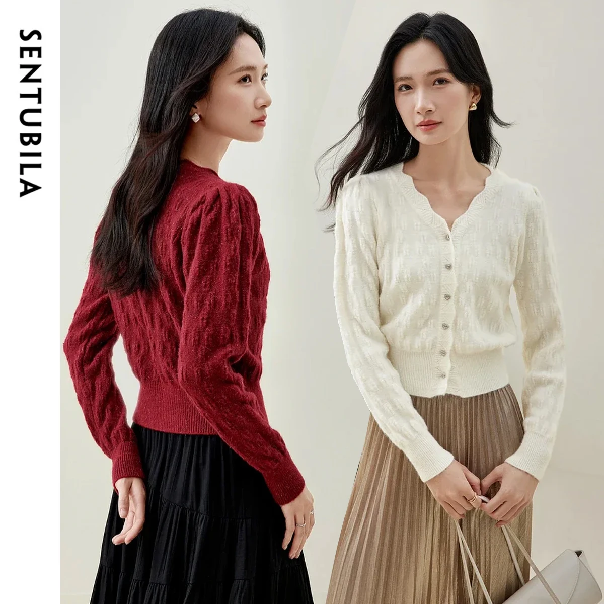 

SENTUBILA White Brightsilk Cardigan For Women 2025 Loose Fit Elegant Wave V Neck Long Sleeve Crop Knitwear Tops Ladies W51E58696