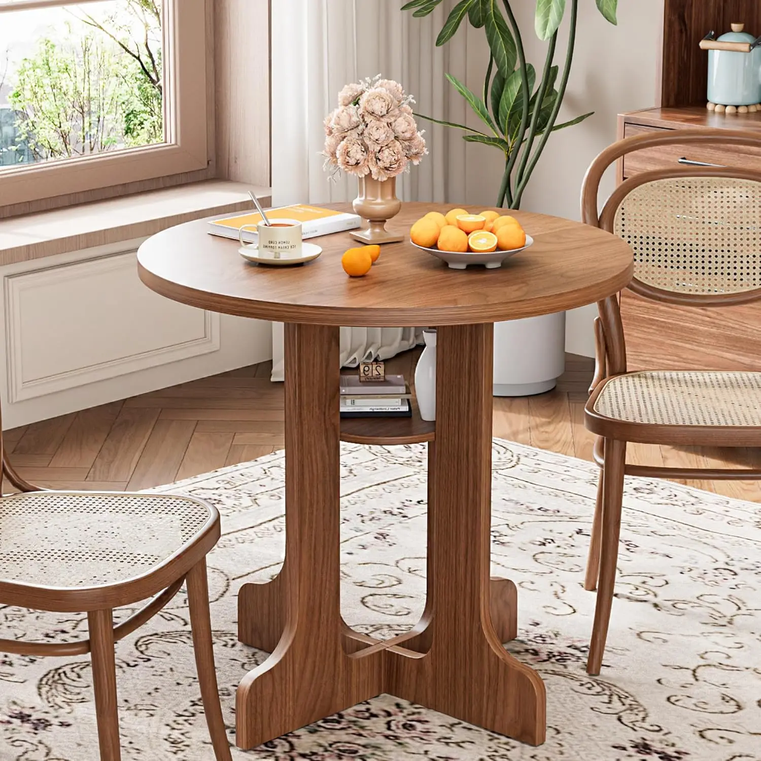 

Круглый обеденный стол 31,5 дюйма, современный небольшой кухонный стол на 2-4 человека, деревянное основание стола для столовой с полкой для хранения, на заказ