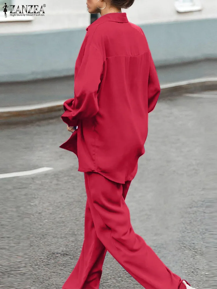 ZANZEA 2024 Summer Wide Leg Trouser Suit 2PCS Satin Solid Pant Sets Women Long Sleeve Top Pleated Outfits Casual Silk Tracksuit7
