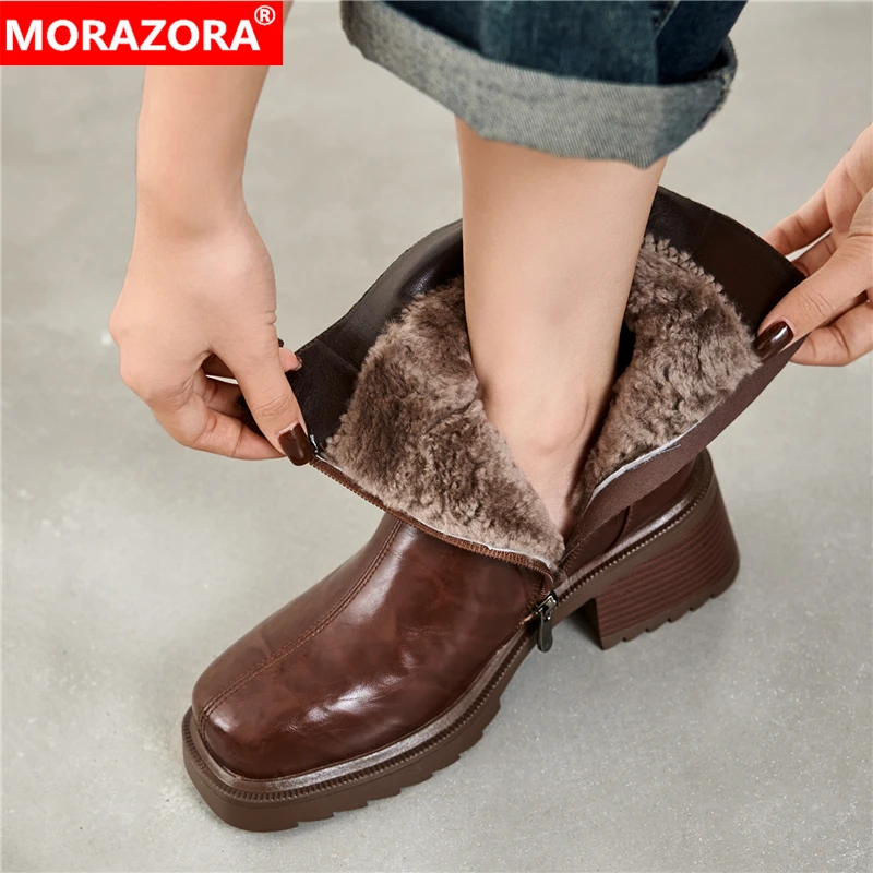 MORAZORA Size 34-41 Genuine Leather Snow Boots Women Zipper Square High Heels Nature Wool Warm Winter Boots Handmade Ankle Boots