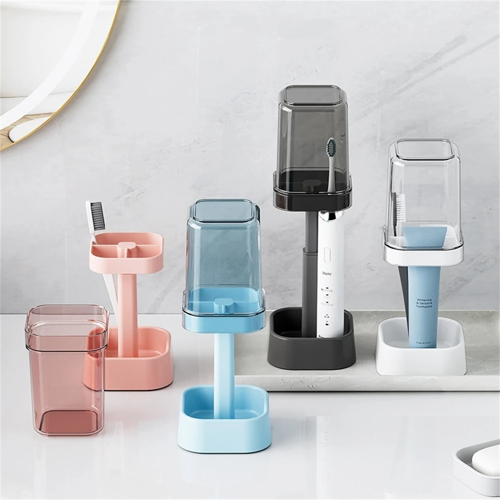 Bathroom Mouthwash Cup Toothbrush Holder Adjustable Height Toothware Storage Set Desktop Organiser Rack Transparent Cups Shelf