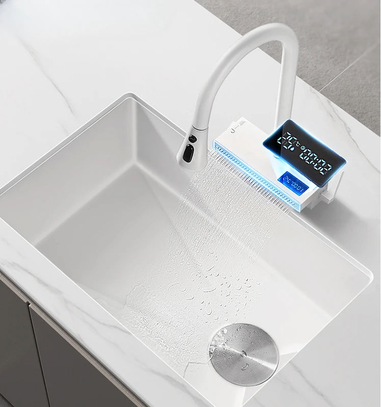 Digital display embedded waterfall sink 304 stainless steel large single tank kitchen sink