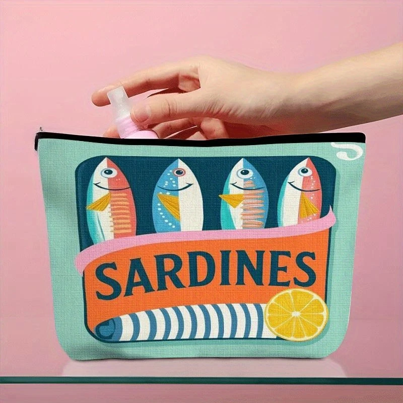 Verspielte Make-up-Tasche mit Sardinenmuster, leichte Reise-Kosmetik-Organizer-Tasche mit Reißverschluss, lässiges, schickes Design, Unisex – Detail 6