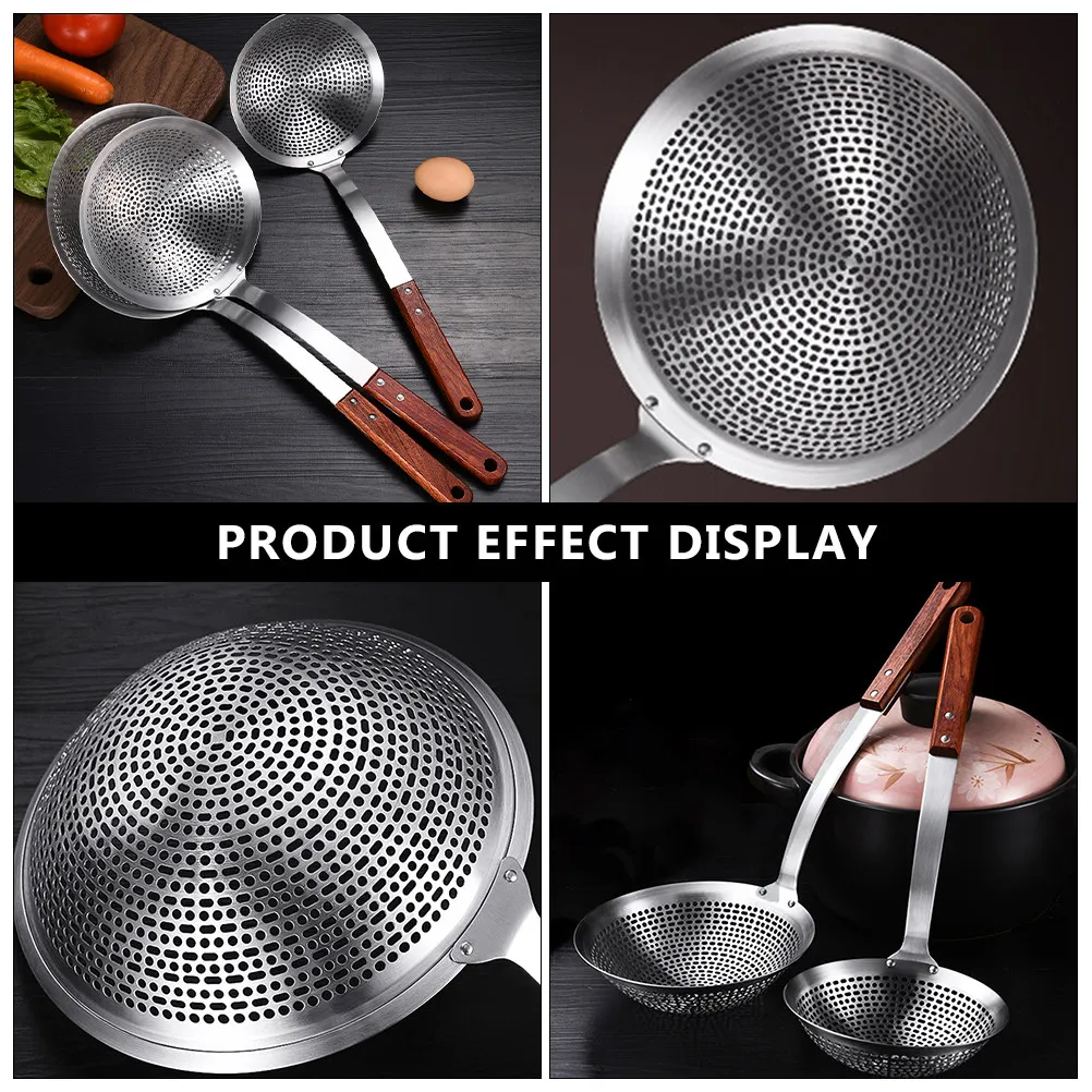 Heavy Duty Stainless Steel Skimmer Ladle Featuring Polished Wood Handle Easy Grip Filter Spoon for Cooking Straining Draining