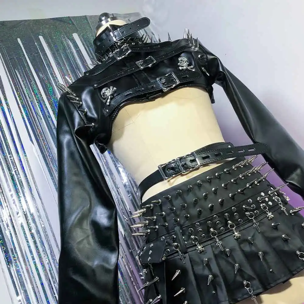 

Футболка с длинными рукавами в стиле Kawaii Harajuku Y2K, готическая, гранж, эко-эмо, панк-рок, E-Girls, с заклепками, костями и элементами DIY