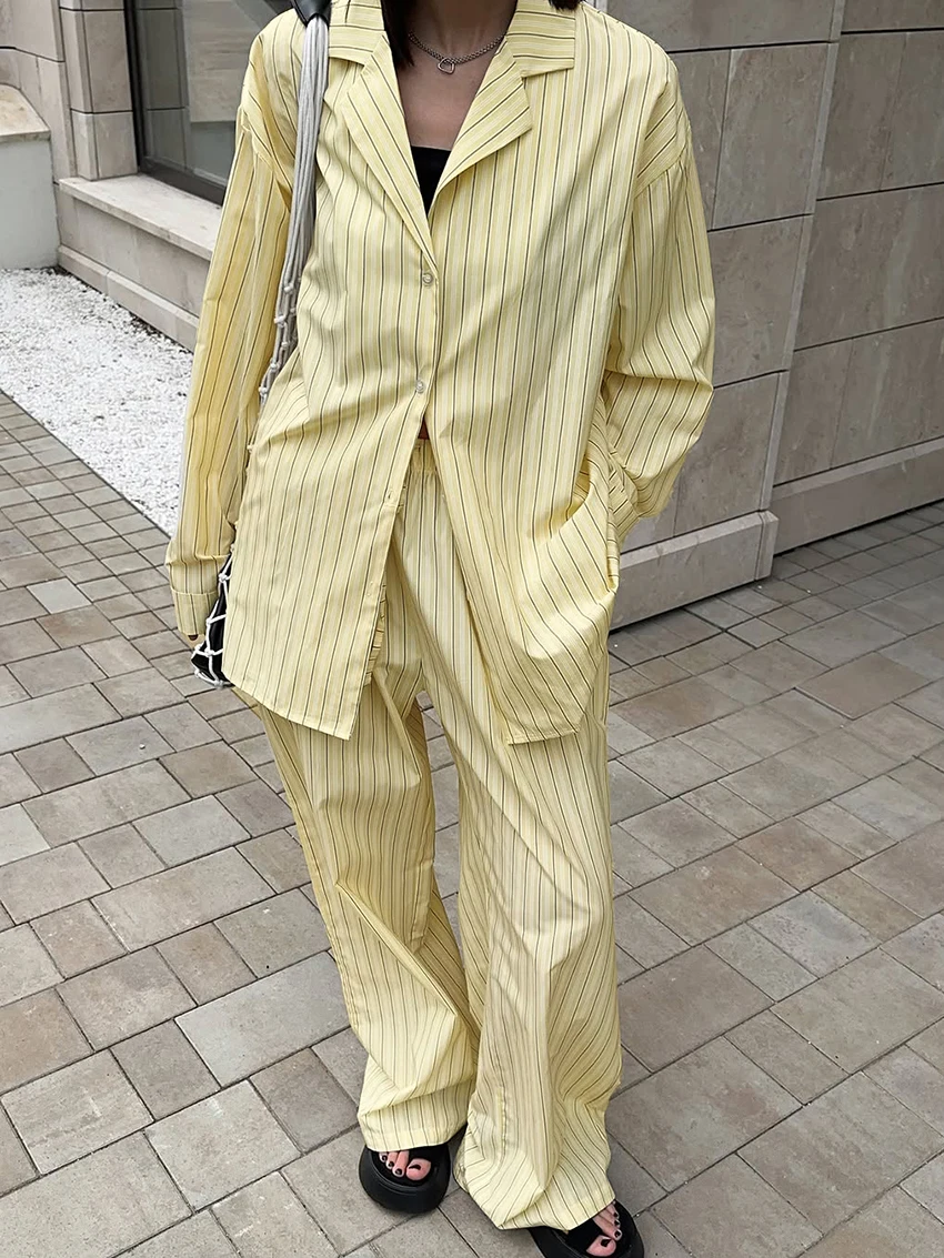 Marthaqiqi Striped Ladies Sleepwear Suit Sexy Turn-Down Collar Pajamas Long Sleeve Nightgowns Pants Casual Female Nightwear Set