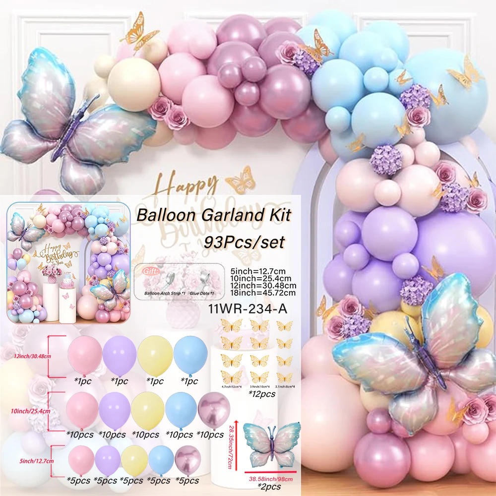 93pcs Butterfly Balloon Garland Arch Kit, Large Butterfly Foil Balloon, Macaron Butterfly Birthday Baby Shower Wedding Party